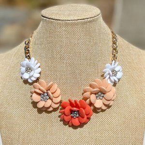 Boho Statement Necklace Chunky Coral White Flower Rosette Rhinestone Gold Chain